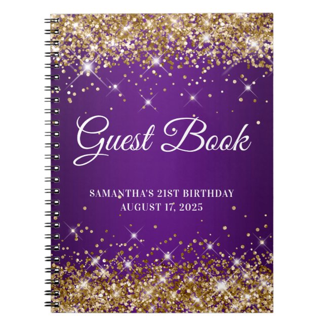 Gold Glitter Royal Purple 21st Birthday Guestbook Notebook (Front)
