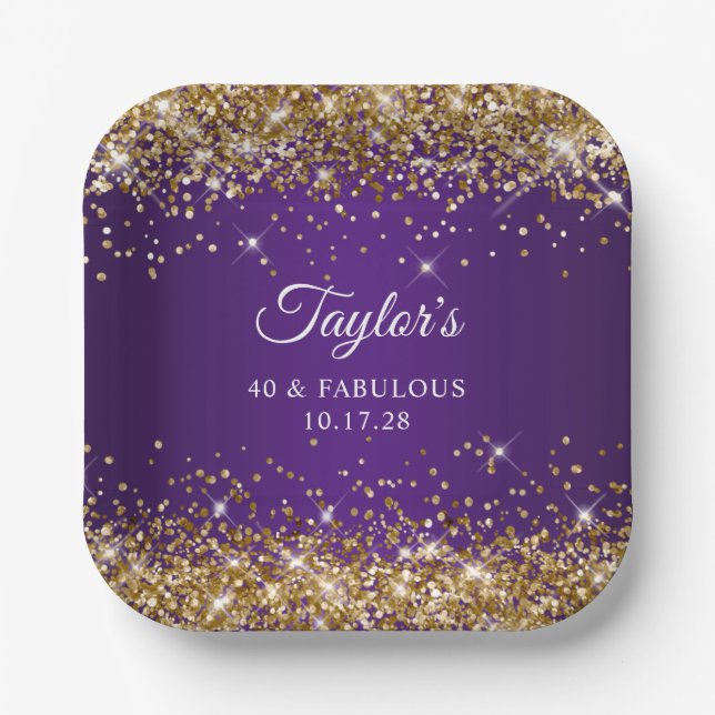 Gold Glitter Royal Purple 40 & Fabulous Paper Plate (Front)