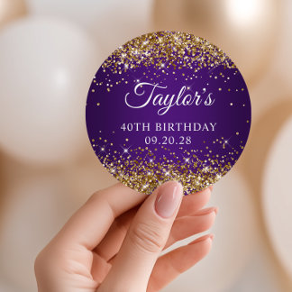 Gold Glitter Royal Purple 40th Birthday Classic Round Sticker
