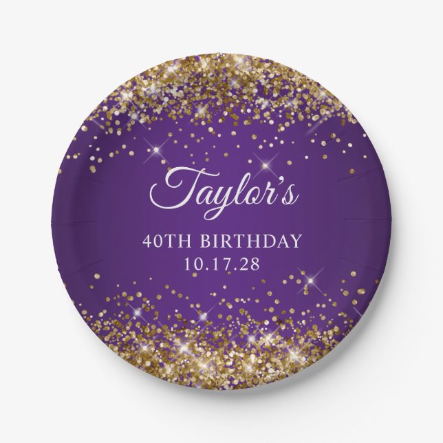 Gold Glitter Royal Purple 40th Birthday Paper Plate (Front)