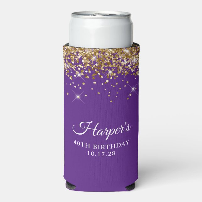 Gold Glitter Royal Purple 40th Birthday Seltzer Can Cooler (Seltzer Front)