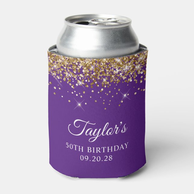 Gold Glitter Royal Purple 50th Birthday Can Cooler (Can Front)