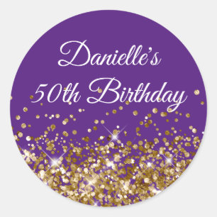 Gold Glitter Royal Purple 50th Birthday Classic Round Sticker