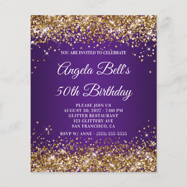 Gold Glitter Royal Purple 50th Birthday Invite Flyer (Front)