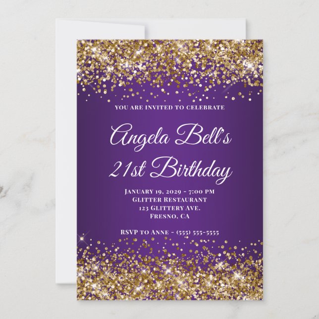 Gold Glitter Royal Purple Monogram 21st Birthday Invitation (Front)