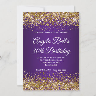Gold Glitter Royal Purple Monogram 30th Birthday Invitation
