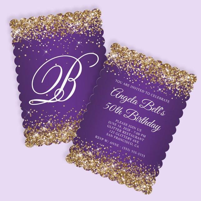 Gold Glitter Royal Purple Monogram 50th Birthday Invitation (Create your own royal purple and faux gold glitter birthday invite.)