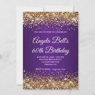 Gold Glitter Royal Purple Monogram 60th Birthday Invitation
