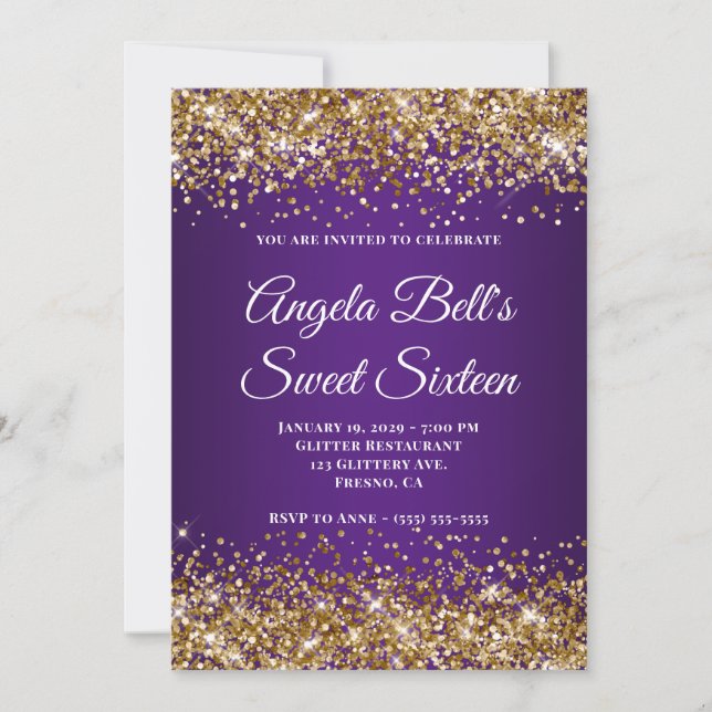 Gold Glitter Royal Purple Monogram Sweet Sixteen Invitation (Front)