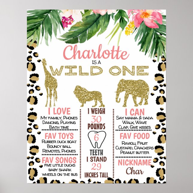 Gold Glitter Safari 1st Birthday Milestone Poster (Front)