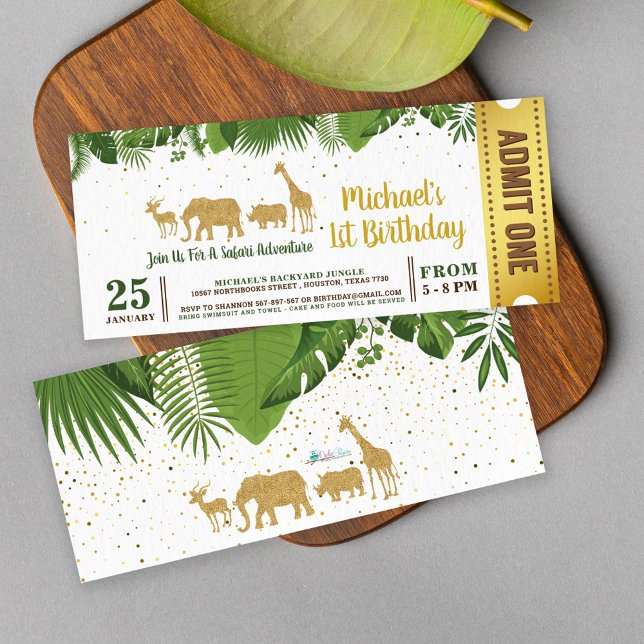 Gold Glitter Safari Adventure Ticket Pass Invitation (Creator Uploaded)