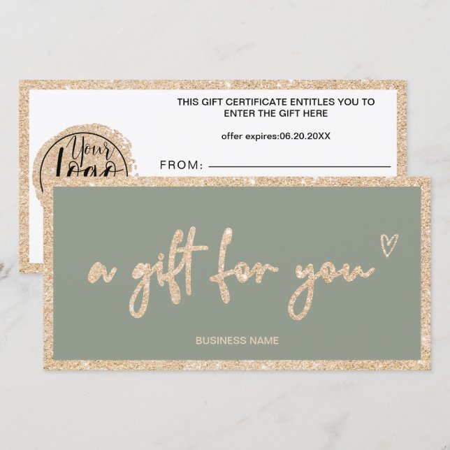 Gold glitter sage green logo gift certificate (Front/Back)