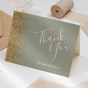 Gold Glitter Sage Green Wedding Thank You Card