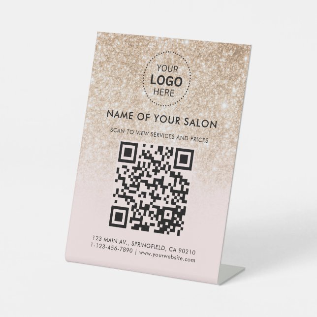 Gold Glitter Salon Business QR Code and Logo Pedestal Sign (Front)