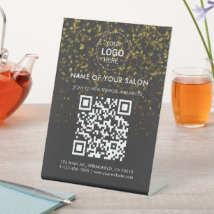 Gold Glitter Salon Business QR Code and Logo Pedestal Sign