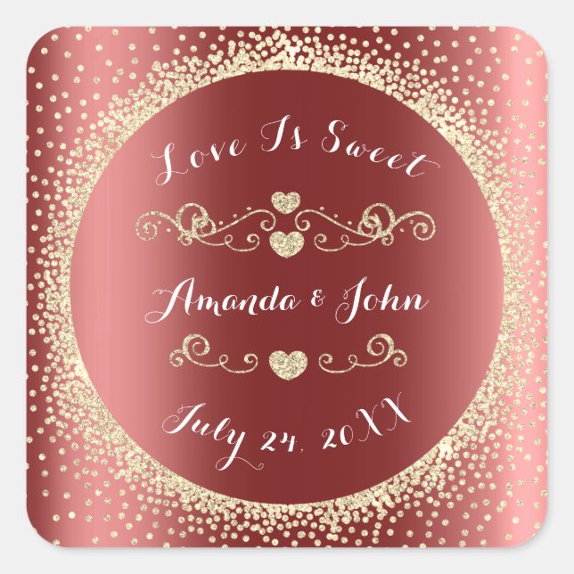 Gold Glitter Save the Date Love Sweet Burgundy Square Sticker (Front)