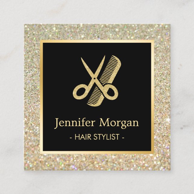 Gold Glitter Scissors Comb Hair Stylist Hair Salon Square Business Card (Front)