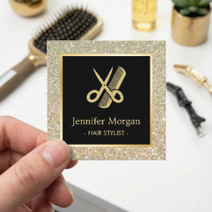 Gold Glitter Scissors Comb Hair Stylist Hair Salon Square Business Card