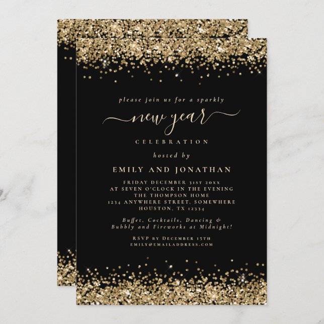 Gold Glitter Script Black New Years Eve Party  Invitation (Front/Back)