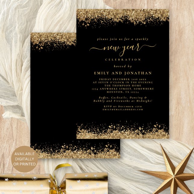 Gold Glitter Script Black New Years Eve Party Invitation (Front and back view. Available digitally or printed)