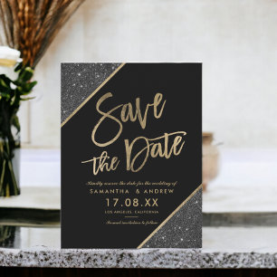Gold glitter script black save the date announcement postcard