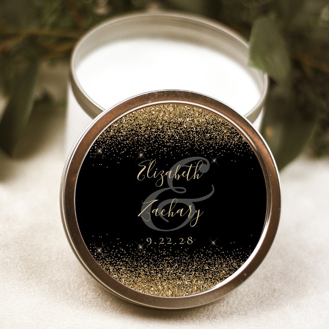 Gold Glitter Script Black Wedding Classic Round Sticker (Creator Uploaded)