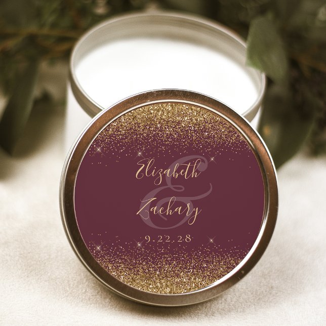 Gold Glitter Script Burgundy Wedding Classic Round Sticker (Creator Uploaded)