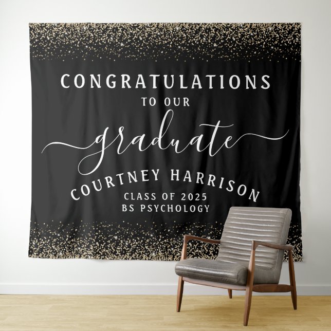 Gold Glitter Script Calligraphy Graduation | Black Tapestry (In Situ (Horizontal))