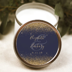 Gold Glitter Script Dark Blue Wedding Classic Round Sticker