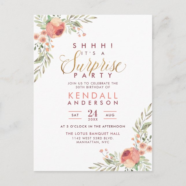Gold Glitter Script Floral Surprise Birthday Party Invitation Postcard (Front)