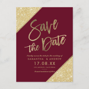 Gold glitter script marsala red save the date announcement postcard