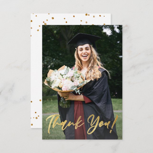Gold Glitter Script Modern Photo Graduation  Thank You Card (Front/Back)