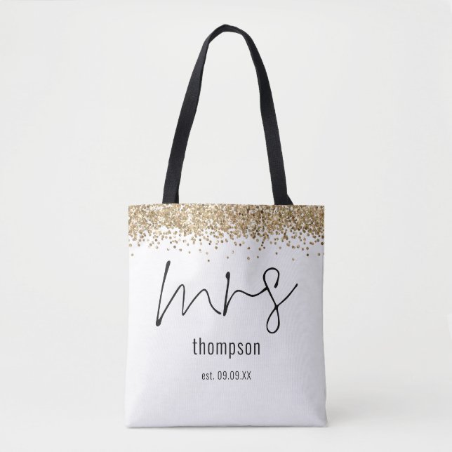 Gold Glitter Script Mrs Name Date Bride  Tote Bag (Front)
