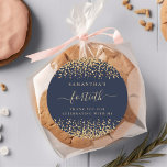 Gold Glitter Script Navy Blue 40th Party Thank You Classic Round Sticker<br><div class="desc">Gold Glitter Elegant Script Navy Blue Glam 40th Party Thank You. Sparkly glam for your favours in celebration of your fortieth birthday, a faux glitter border is top and bottom on a classic navy blue, and fortieth is in a stylish script with swashes. Easily personalise the text to your own...</div>