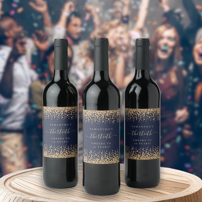 Gold Glitter Script Navy Blue Cheers 30th Party  Wine Label (Creator Uploaded)