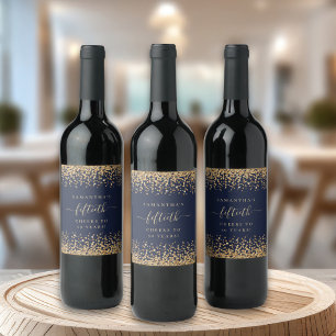 Gold Glitter Script Navy Blue Cheers 50th Party Wine Label
