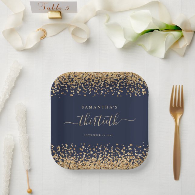 Gold Glitter Script Navy Blue Glam 30th Party Paper Plate (Wedding)