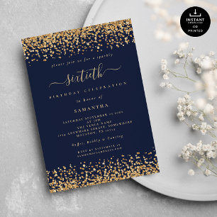Gold Glitter Script Navy Blue Glam 60th Party Invitation