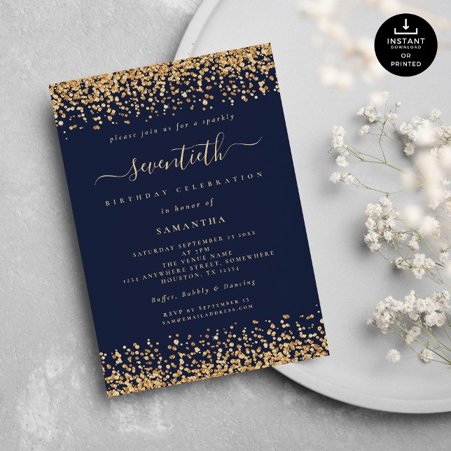 Gold Glitter Script Navy Blue Glam 70th Party Invitation (Creator Uploaded)