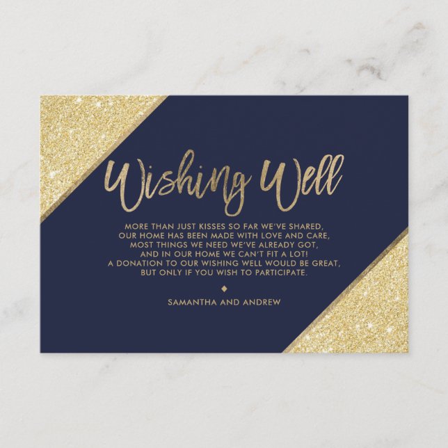 Gold glitter script navy blue wishing well enclosure card (Front)
