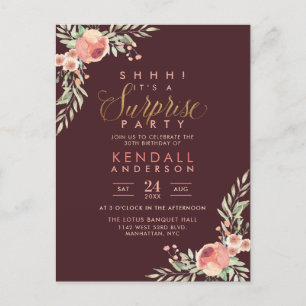 Gold Glitter Script Roses Surprise Birthday Party Invitation Postcard