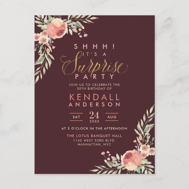 Gold Glitter Script Roses Surprise Birthday Party Invitation Postcard (Front)