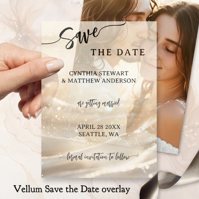Gold Glitter Script Save the Date Vellum Invitations (Elegant vellum wedding Save the Date overlay featuring a script text on gold glitter sparkles)