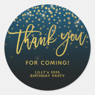 Gold Glitter Script Thank You For Coming Blue Classic Round Sticker