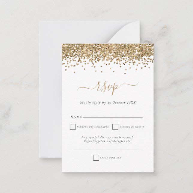 Gold Glitter Script Wedding RSVP Enclosure Card (Front)