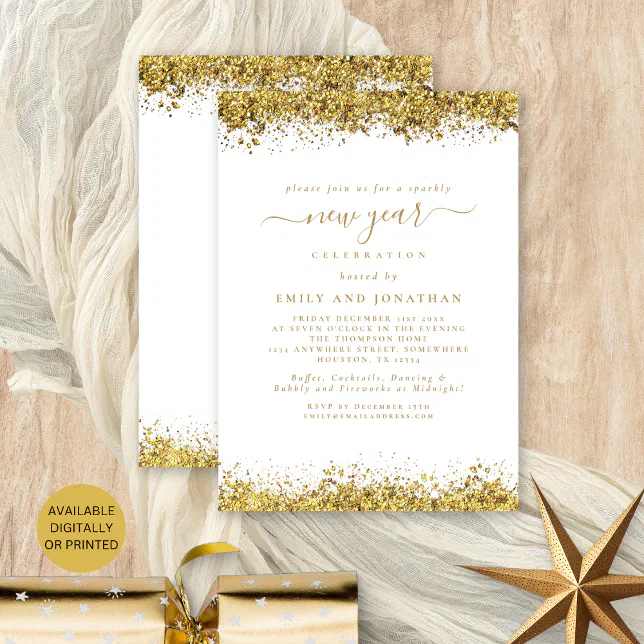 Gold Glitter Script White New Years Eve Party Invitation | Zazzle