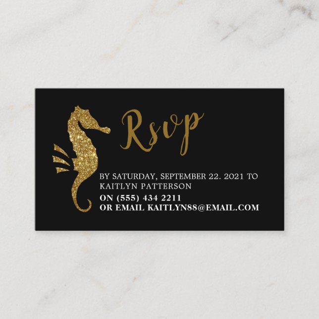Gold Glitter Seahorse RSVP Enclosure Card (Front)