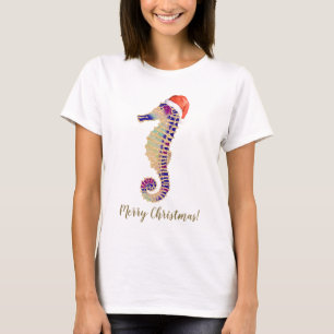 Gold Glitter Seahorse Santa Merry Christmas T-Shirt