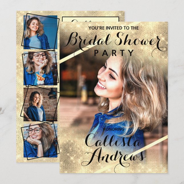 Gold Glitter Sequins Corners Photo Bridal Shower Invitation (Front/Back)