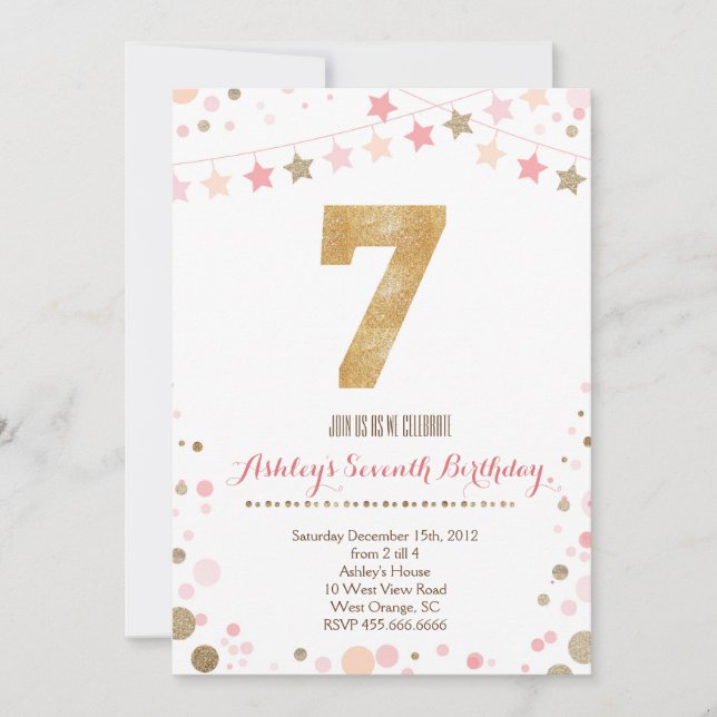 Gold Glitter Seventh Birthday Invitation (Front)